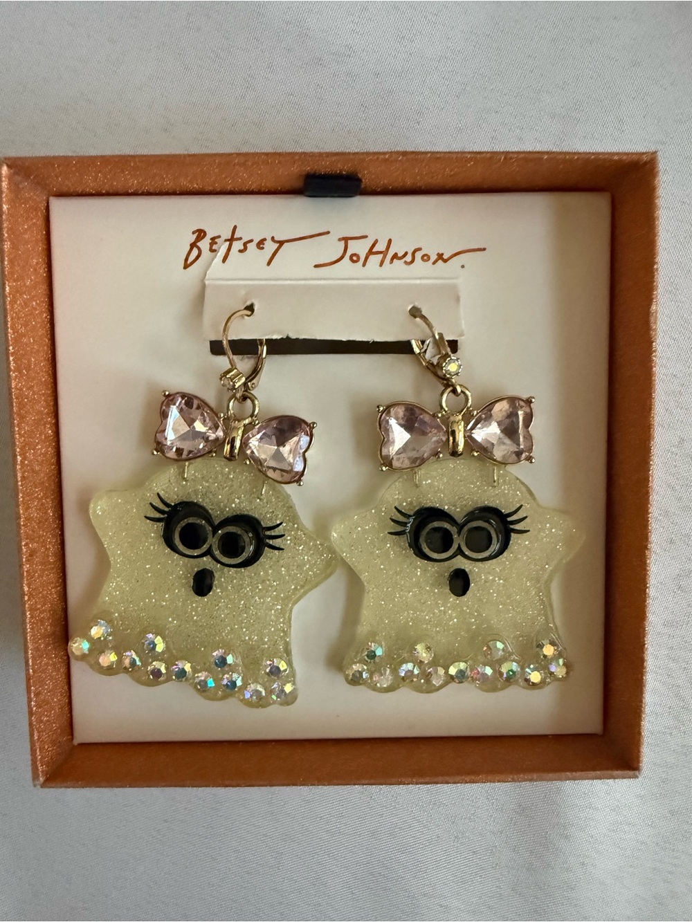 Betsey Johnson Halloween Ghost Earrings with Pink Rhinestone Bow